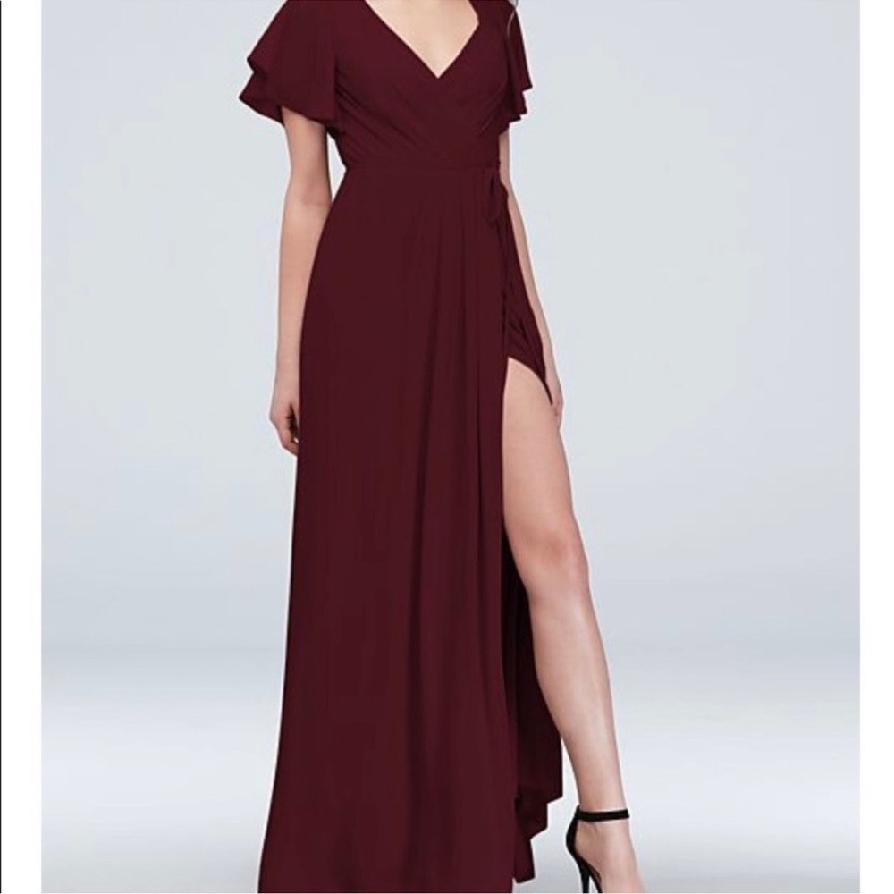 David’s Bridal flutter sleeve georgette wrap bridesmaid dress